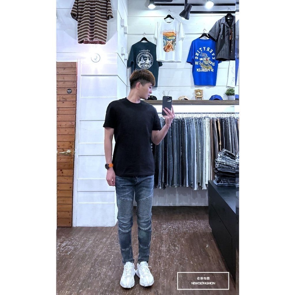 『老爺有喜』重磅深藍波浪機車補丁小直筒(NOF23085020)彈性抽鬚 深色牛仔破褲 顯瘦修身窄管 補丁破壞牛仔褲-細節圖3