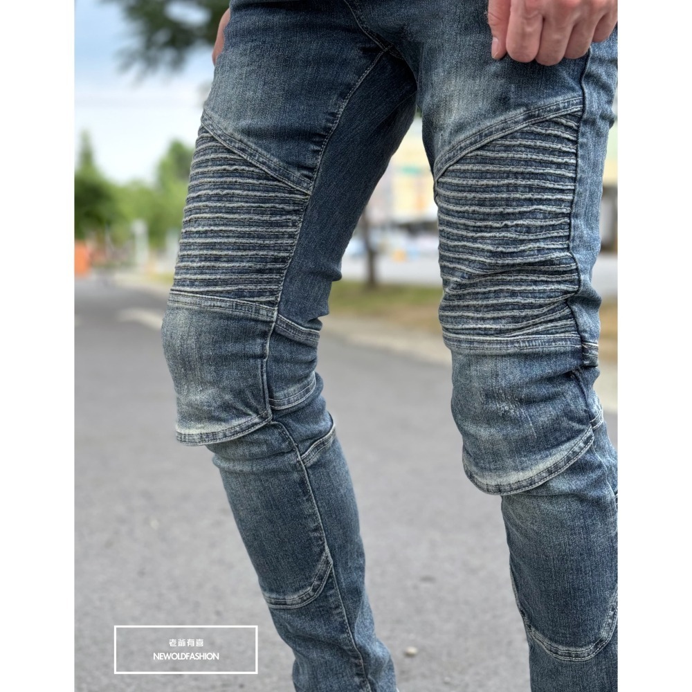 『老爺有喜』重磅深藍波浪機車補丁小直筒(NOF23085020)彈性抽鬚 深色牛仔破褲 顯瘦修身窄管 補丁破壞牛仔褲-細節圖4