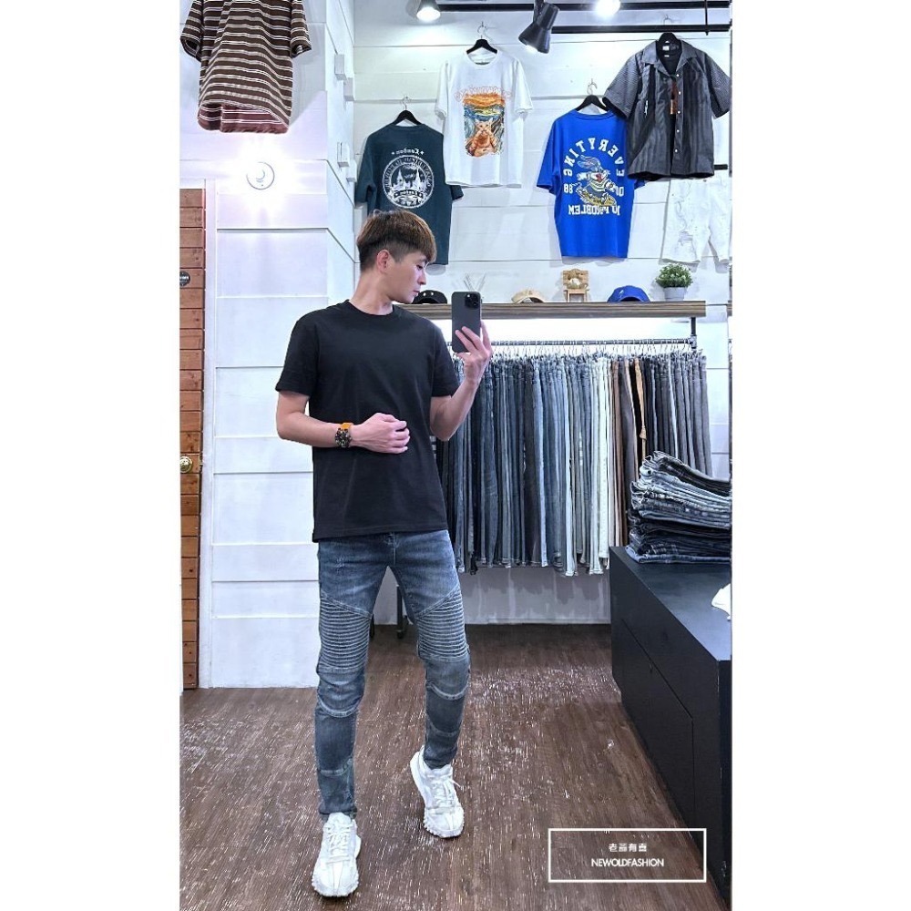 『老爺有喜』重磅深藍波浪機車補丁小直筒(NOF23085020)彈性抽鬚 深色牛仔破褲 顯瘦修身窄管 補丁破壞牛仔褲-細節圖7