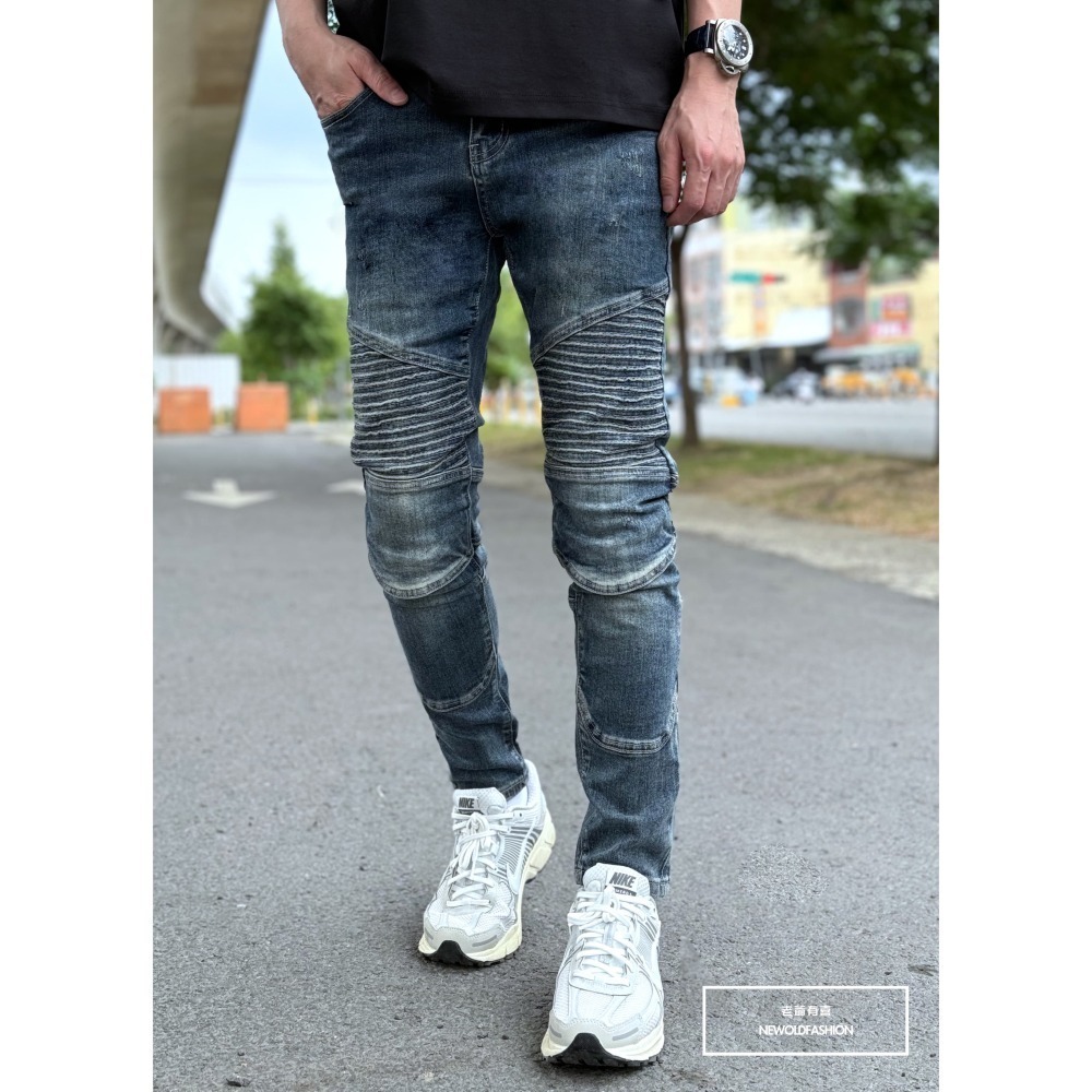 『老爺有喜』重磅深藍波浪機車補丁小直筒(NOF23085020)彈性抽鬚 深色牛仔破褲 顯瘦修身窄管 補丁破壞牛仔褲-細節圖8