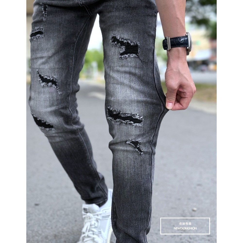 『老爺有喜』重磅闇黑六補丁刷白小直筒(NOF23085098)刷白 彈性抽鬚 深色牛仔破褲 顯瘦修身窄管 補丁破壞牛仔-細節圖8