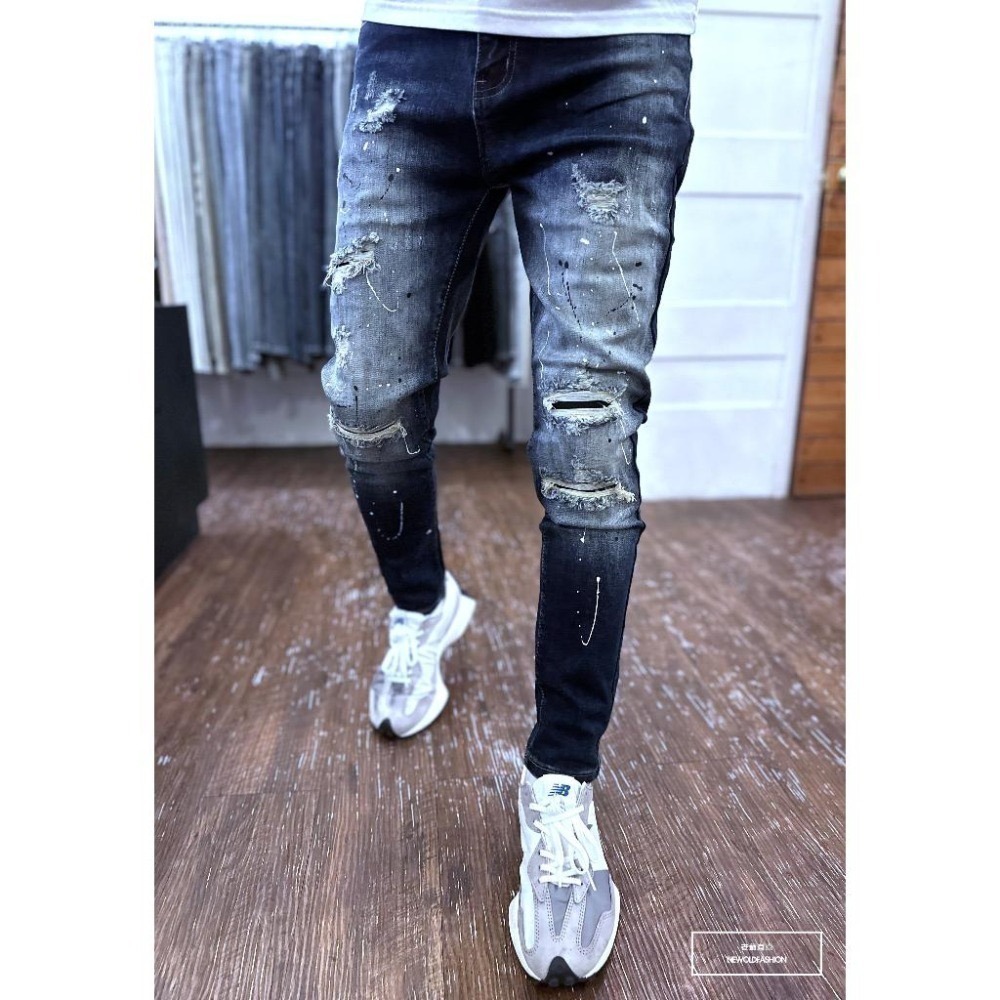 『老爺有喜』重磅雙色潑漆貓抓補丁小直筒(NOF23085030)潑漆深藍彈性牛仔 牛仔破褲 顯瘦修身窄管 補丁破壞牛仔褲-細節圖3