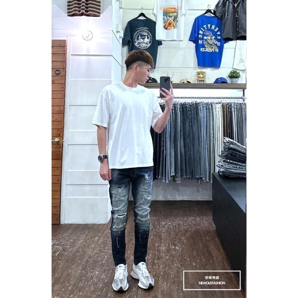 『老爺有喜』重磅雙色潑漆貓抓補丁小直筒(NOF23085030)潑漆深藍彈性牛仔 牛仔破褲 顯瘦修身窄管 補丁破壞牛仔褲-細節圖4