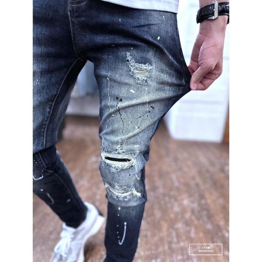 『老爺有喜』重磅雙色潑漆貓抓補丁小直筒(NOF23085030)潑漆深藍彈性牛仔 牛仔破褲 顯瘦修身窄管 補丁破壞牛仔褲-細節圖5