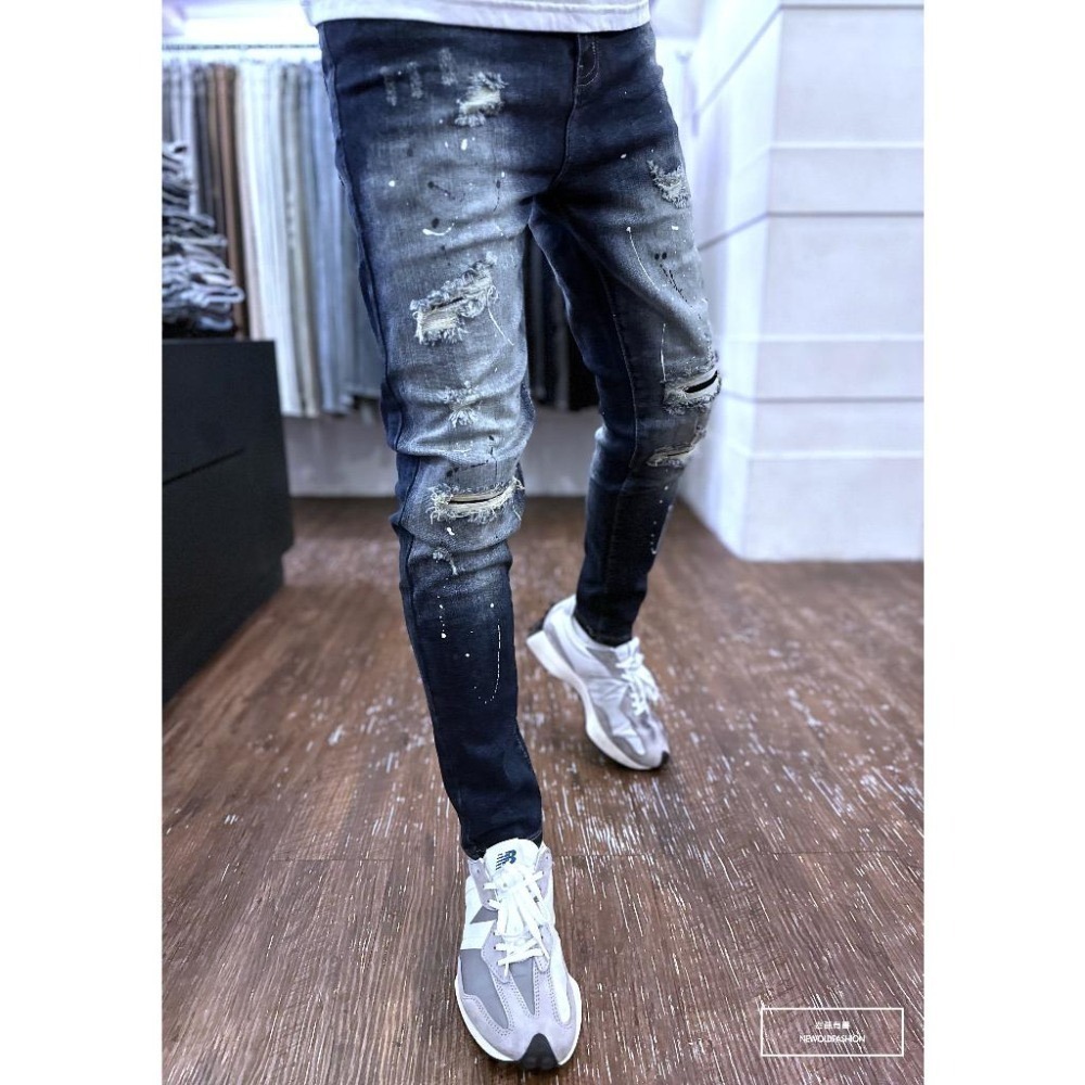 『老爺有喜』重磅雙色潑漆貓抓補丁小直筒(NOF23085030)潑漆深藍彈性牛仔 牛仔破褲 顯瘦修身窄管 補丁破壞牛仔褲-細節圖6