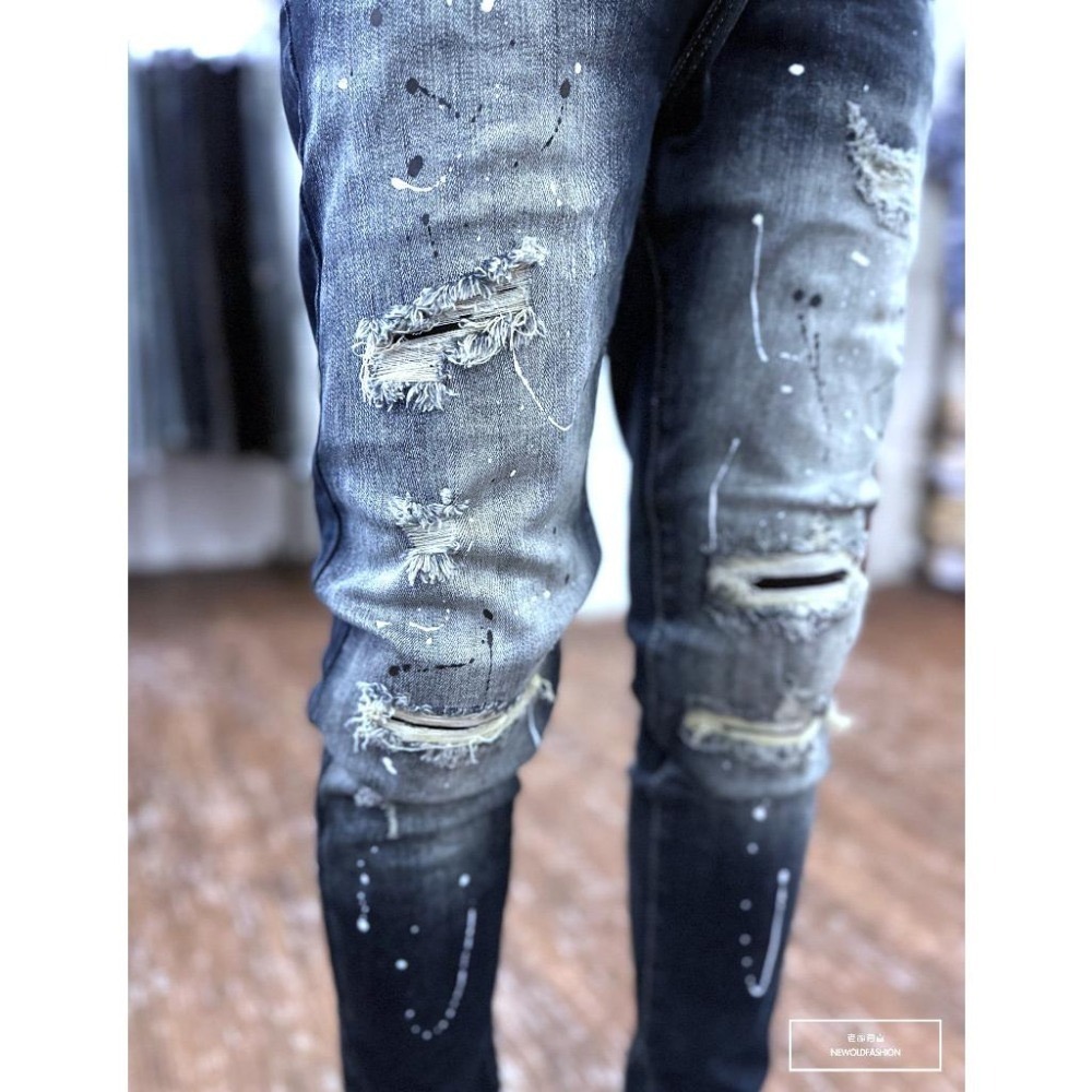『老爺有喜』重磅雙色潑漆貓抓補丁小直筒(NOF23085030)潑漆深藍彈性牛仔 牛仔破褲 顯瘦修身窄管 補丁破壞牛仔褲-細節圖7