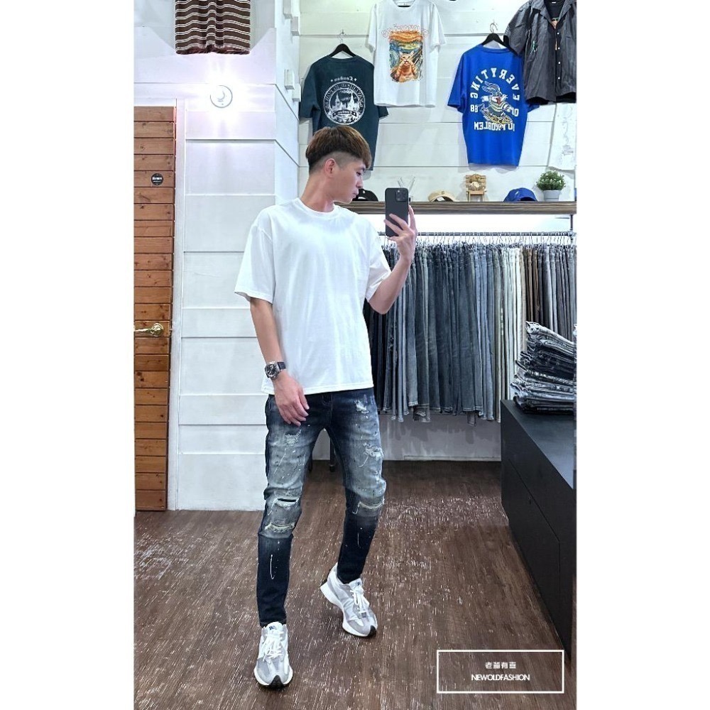 『老爺有喜』重磅雙色潑漆貓抓補丁小直筒(NOF23085030)潑漆深藍彈性牛仔 牛仔破褲 顯瘦修身窄管 補丁破壞牛仔褲-細節圖9