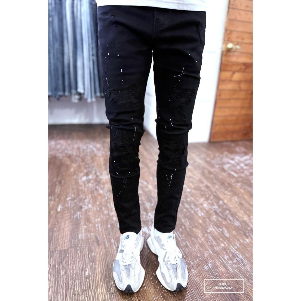 『老爺有喜』重磅暗黑雙色潑漆補丁小直筒(NOF23085061)潑漆 彈性抽鬚 深色牛仔破褲 顯瘦修身窄管 補丁破壞牛仔-細節圖2