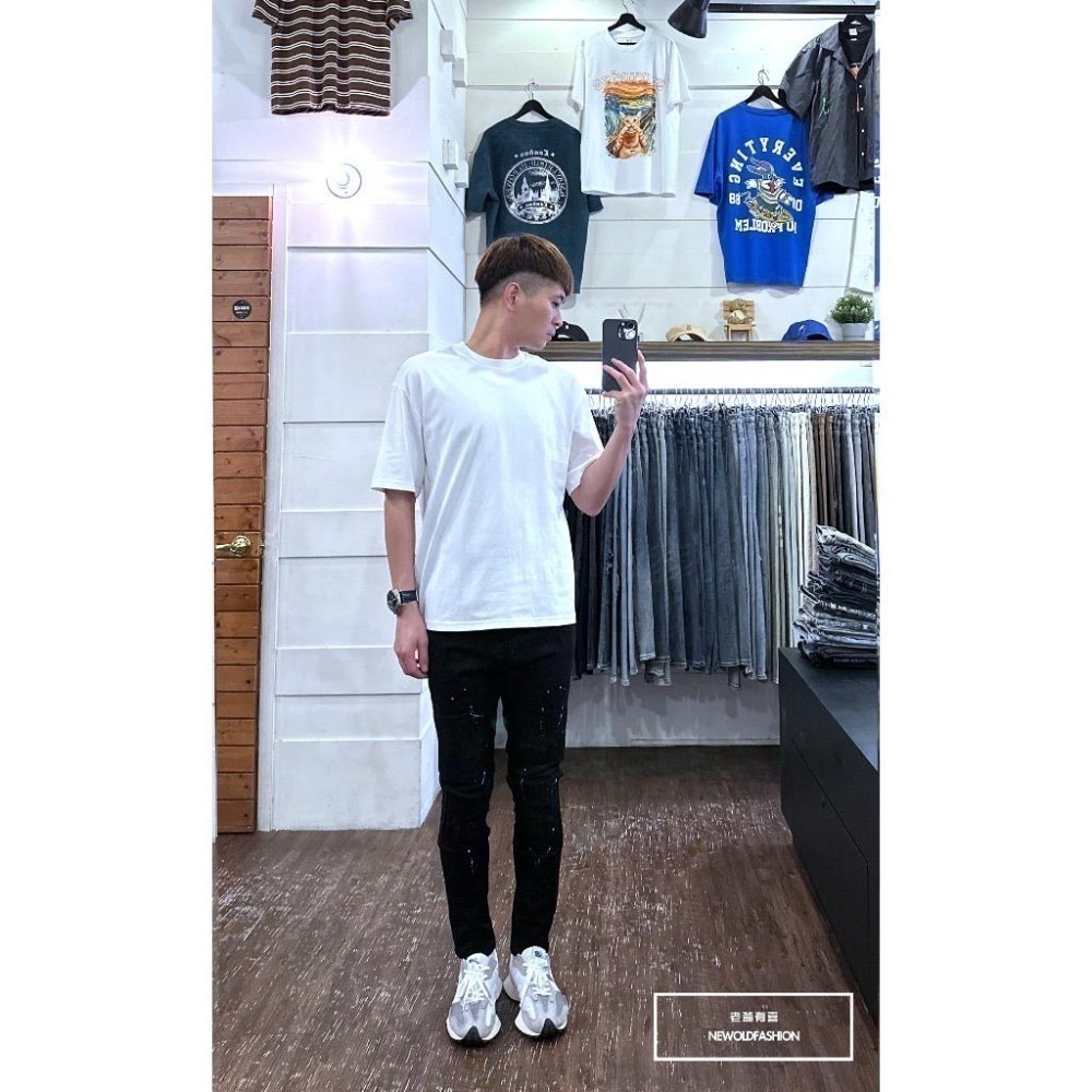 『老爺有喜』重磅暗黑雙色潑漆補丁小直筒(NOF23085061)潑漆 彈性抽鬚 深色牛仔破褲 顯瘦修身窄管 補丁破壞牛仔-細節圖3