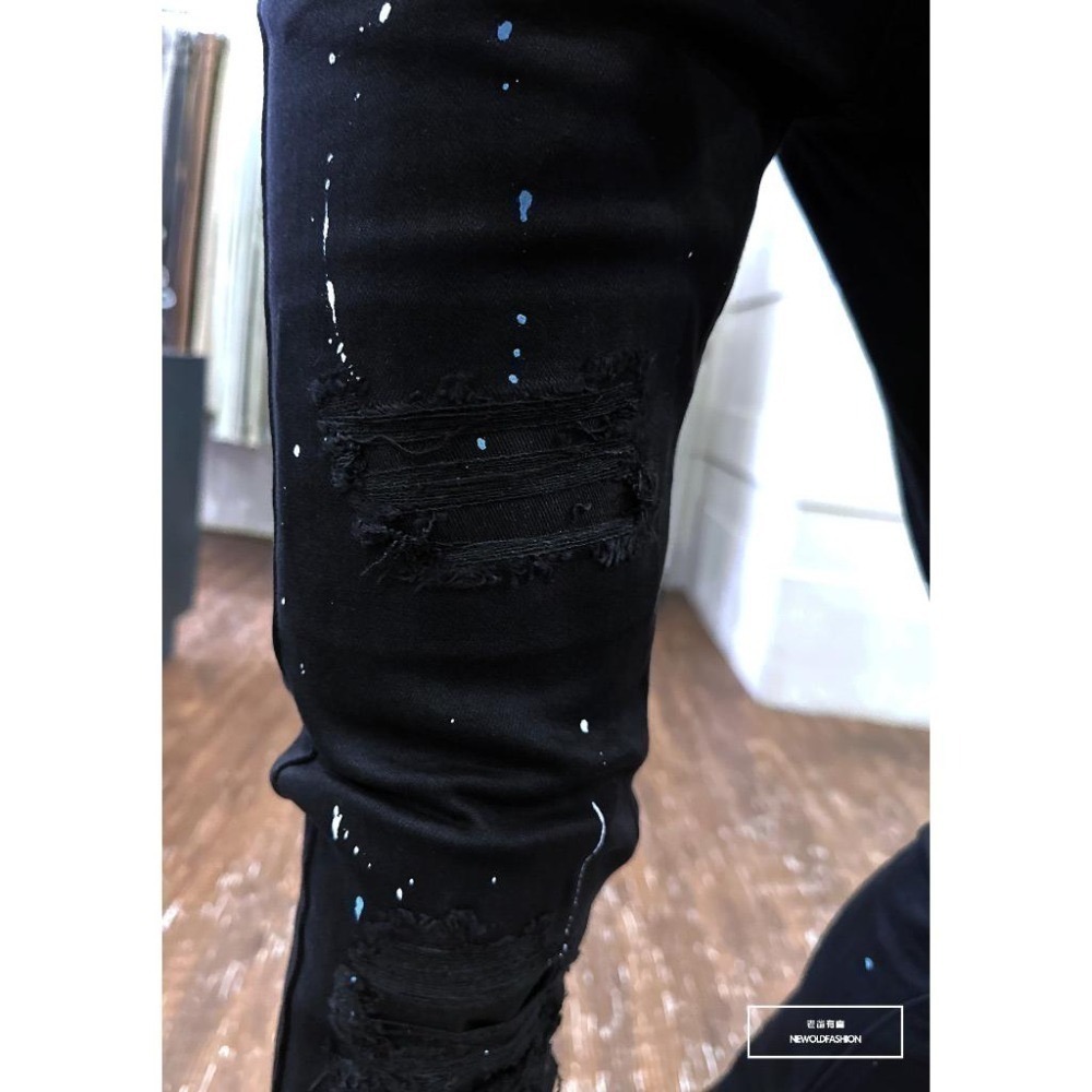 『老爺有喜』重磅暗黑雙色潑漆補丁小直筒(NOF23085061)潑漆 彈性抽鬚 深色牛仔破褲 顯瘦修身窄管 補丁破壞牛仔-細節圖4