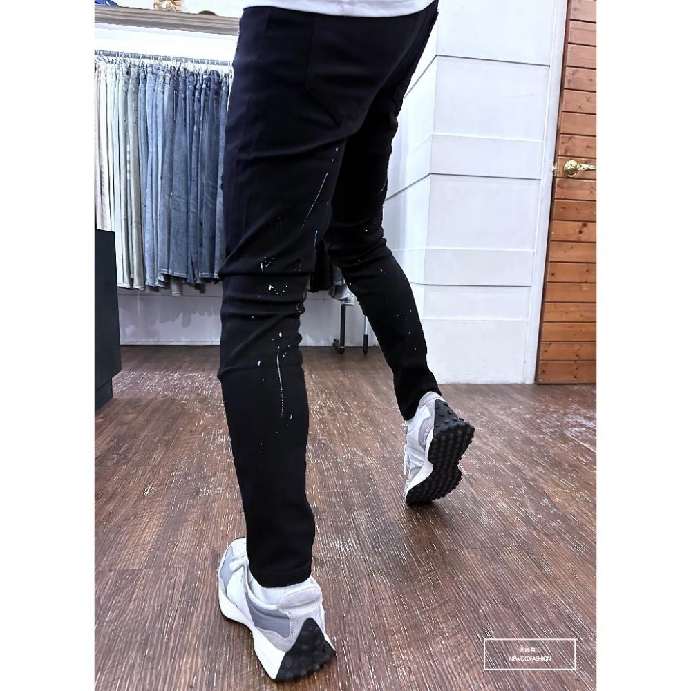 『老爺有喜』重磅暗黑雙色潑漆補丁小直筒(NOF23085061)潑漆 彈性抽鬚 深色牛仔破褲 顯瘦修身窄管 補丁破壞牛仔-細節圖5