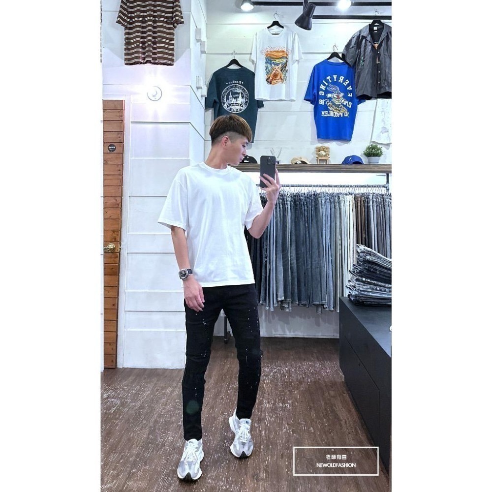 『老爺有喜』重磅暗黑雙色潑漆補丁小直筒(NOF23085061)潑漆 彈性抽鬚 深色牛仔破褲 顯瘦修身窄管 補丁破壞牛仔-細節圖7