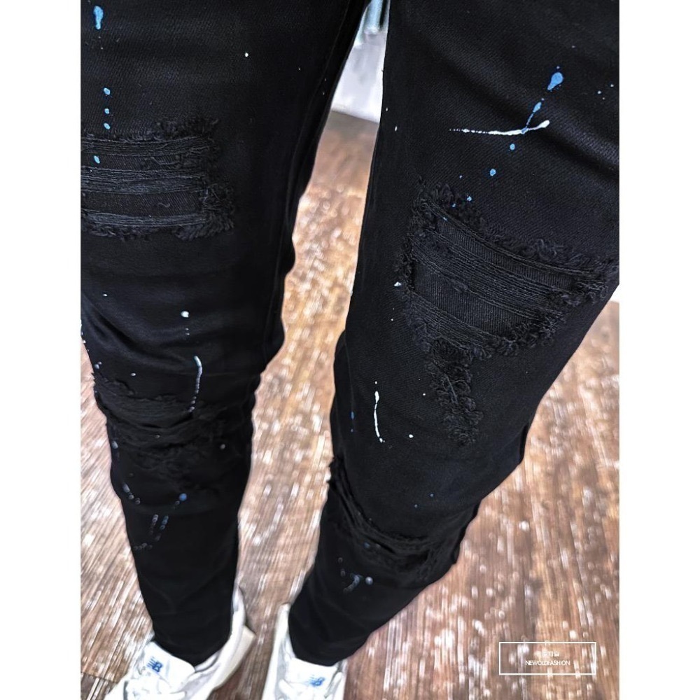 『老爺有喜』重磅暗黑雙色潑漆補丁小直筒(NOF23085061)潑漆 彈性抽鬚 深色牛仔破褲 顯瘦修身窄管 補丁破壞牛仔-細節圖8