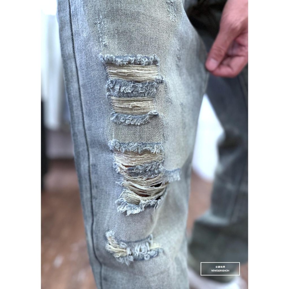 『老爺有喜』重磅大面積破壞白痕中直筒(NOF2307D1117) 仿舊刷色 破壞抽鬚 牛仔破褲 補丁破壞牛仔褲-細節圖3