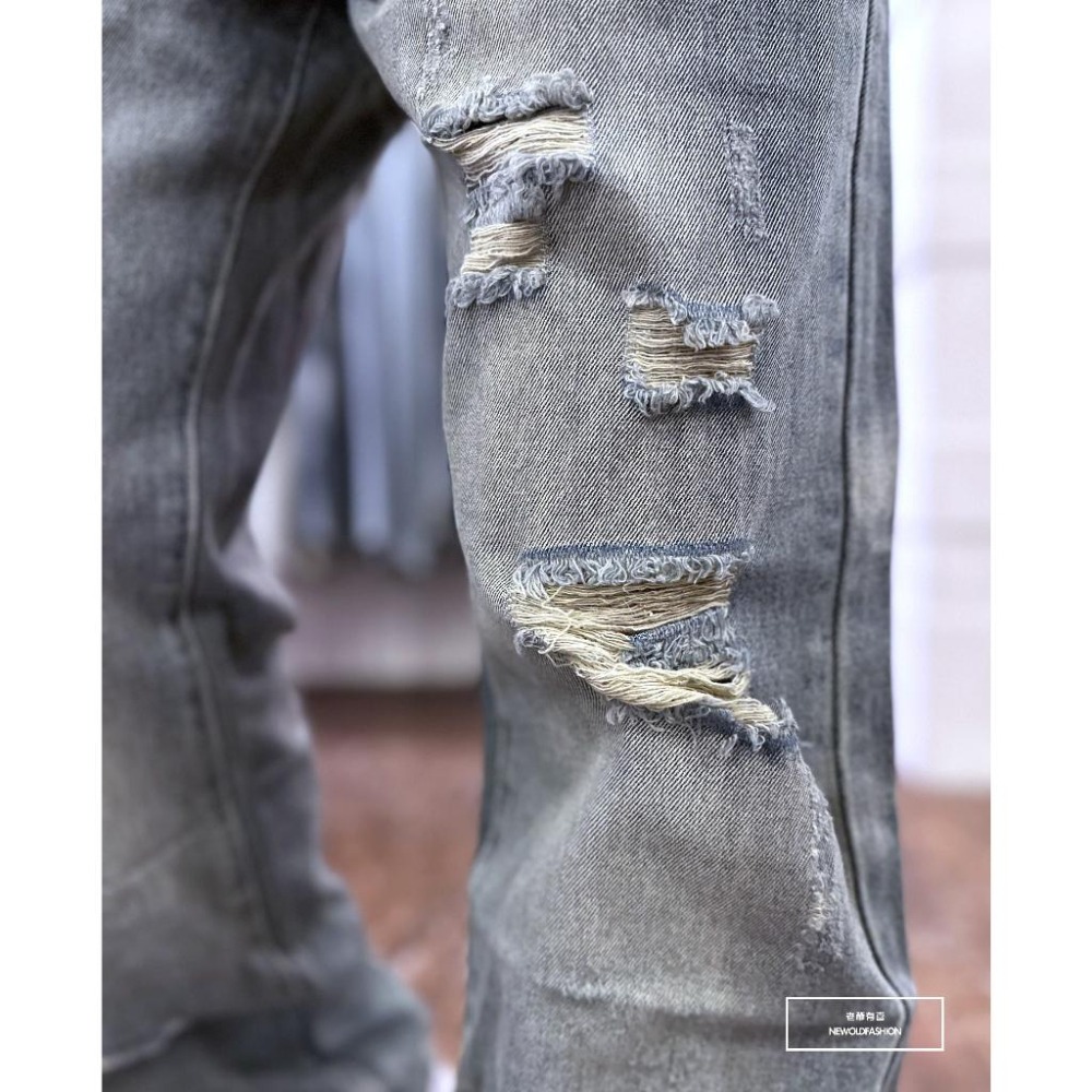 『老爺有喜』重磅大面積破壞白痕中直筒(NOF2307D1117) 仿舊刷色 破壞抽鬚 牛仔破褲 補丁破壞牛仔褲-細節圖7