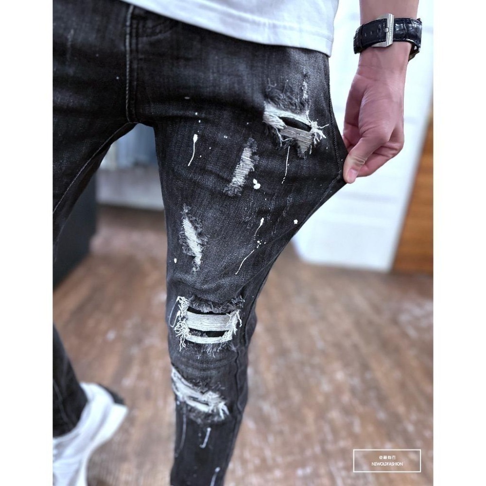 『老爺有喜』重磅仿舊黑潑漆小直筒(NOF23085001)潑漆 彈性抽鬚 深色牛仔破褲 顯瘦修身窄管 補丁破壞牛仔褲-細節圖2