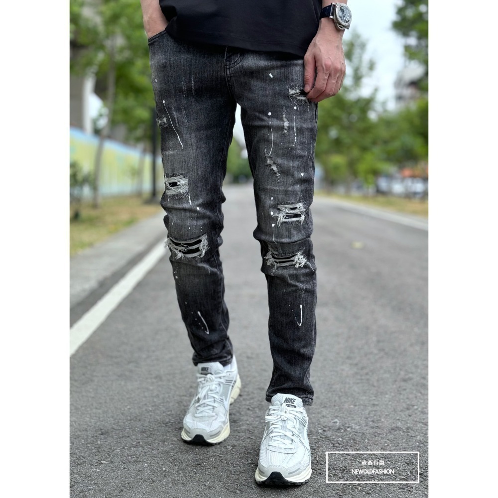 『老爺有喜』重磅仿舊黑潑漆小直筒(NOF23085001)潑漆 彈性抽鬚 深色牛仔破褲 顯瘦修身窄管 補丁破壞牛仔褲-細節圖8