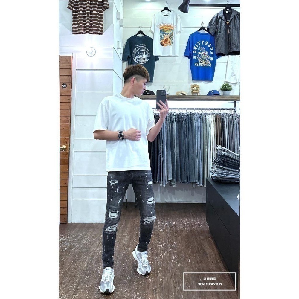 『老爺有喜』重磅仿舊黑潑漆小直筒(NOF23085001)潑漆 彈性抽鬚 深色牛仔破褲 顯瘦修身窄管 補丁破壞牛仔褲-細節圖3