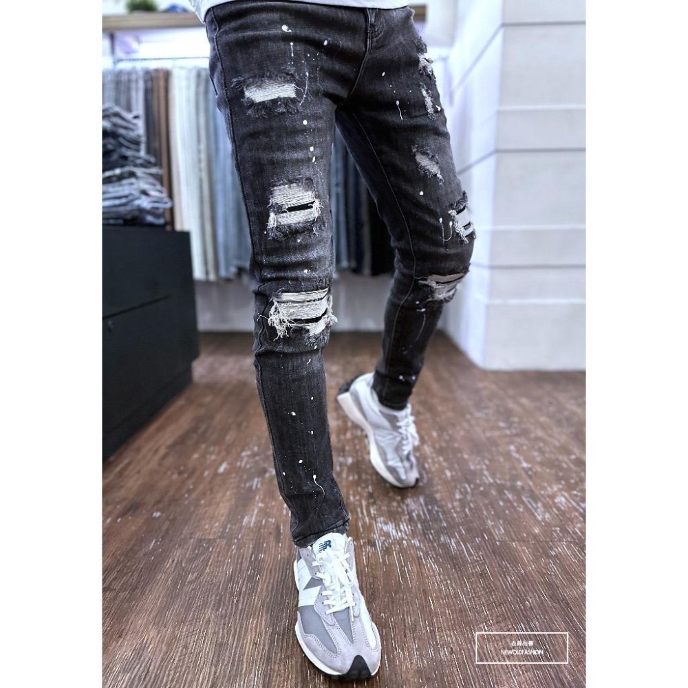 『老爺有喜』重磅仿舊黑潑漆小直筒(NOF23085001)潑漆 彈性抽鬚 深色牛仔破褲 顯瘦修身窄管 補丁破壞牛仔褲-細節圖5