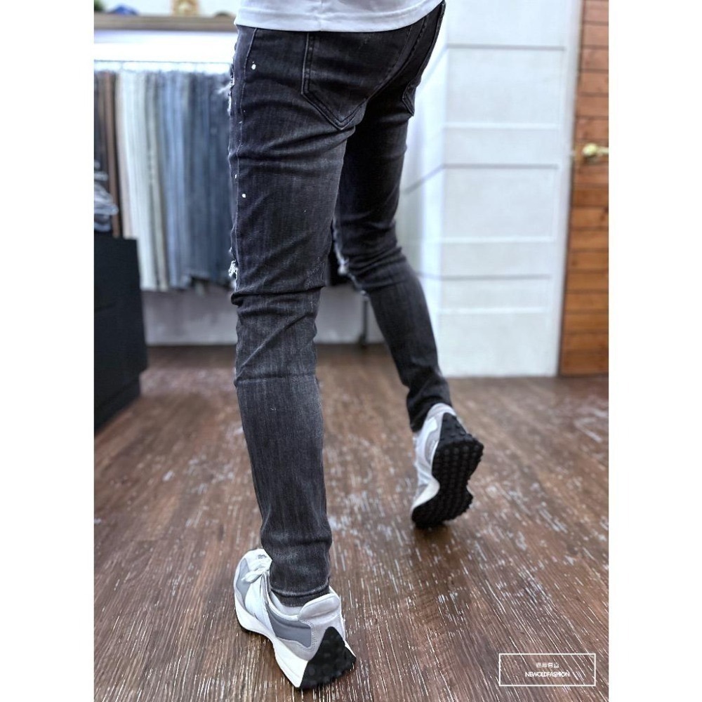 『老爺有喜』重磅仿舊黑潑漆小直筒(NOF23085001)潑漆 彈性抽鬚 深色牛仔破褲 顯瘦修身窄管 補丁破壞牛仔褲-細節圖6