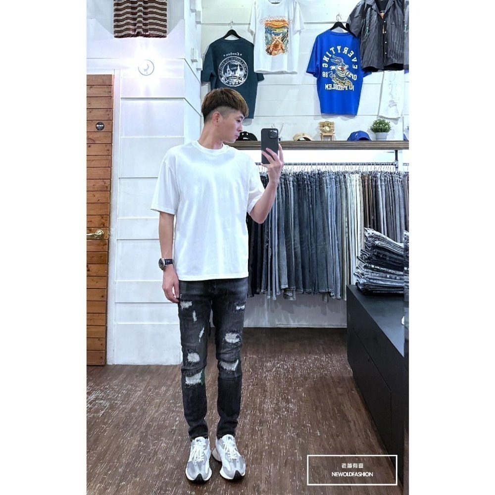 『老爺有喜』重磅燻黑車縫破壞小直筒(NOF23085092)水泥灰 彈性抽鬚 深色牛仔破褲 顯瘦修身窄管 補丁破壞牛仔褲-細節圖6