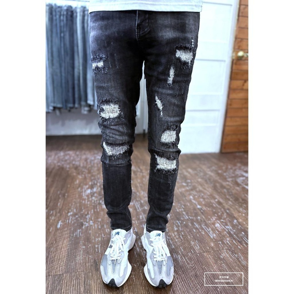 『老爺有喜』重磅燻黑車縫破壞小直筒(NOF23085092)水泥灰 彈性抽鬚 深色牛仔破褲 顯瘦修身窄管 補丁破壞牛仔褲-細節圖7