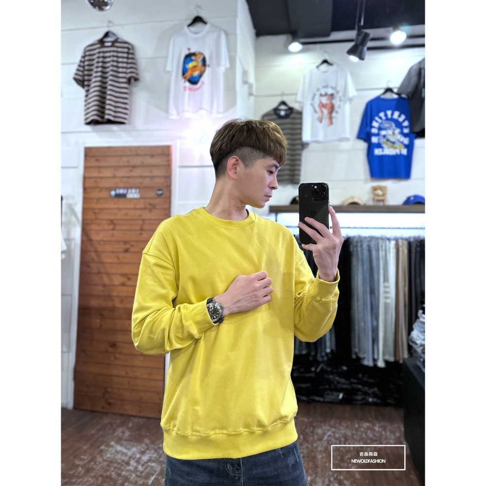 『新品上市』重磅簡約素色圓領大學T-黃(NOF2309B5510)-細節圖4