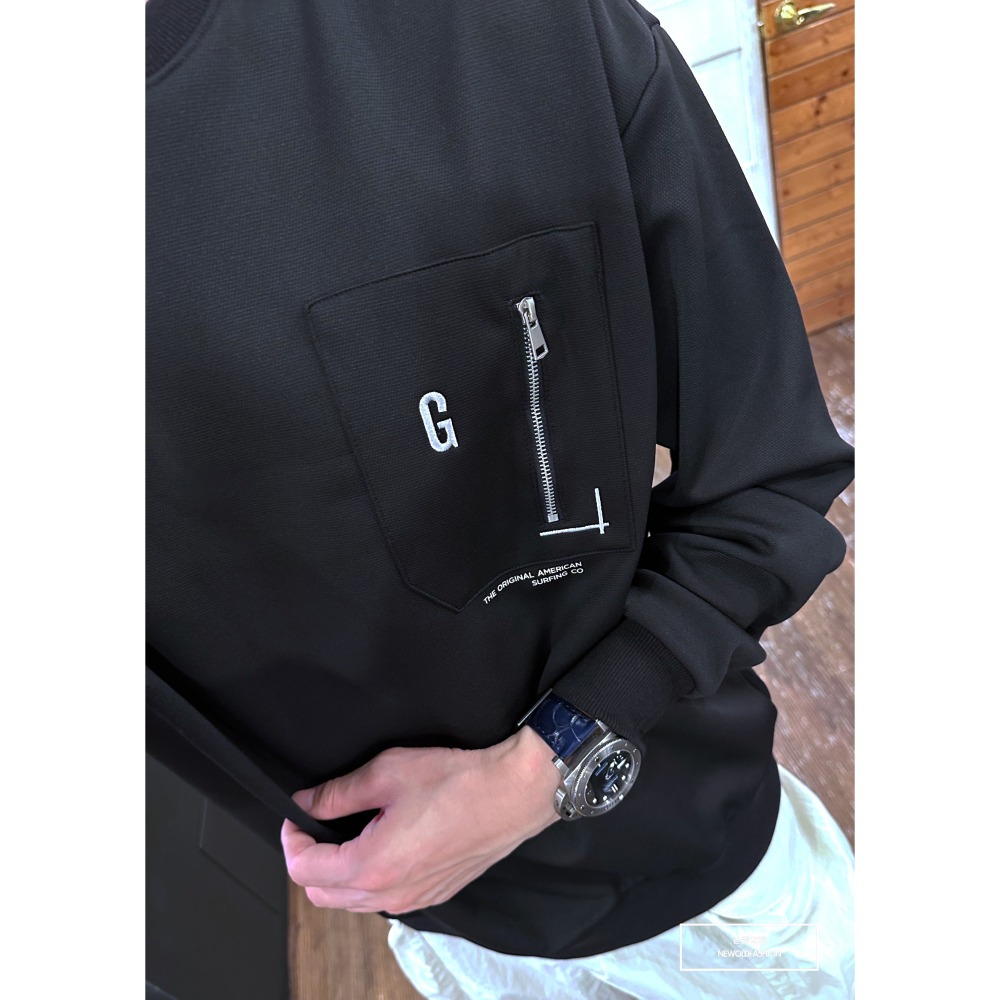 『新品上市』重磅G刺繡拉鍊口袋大學T-黑(NOF2309B5531)-細節圖2