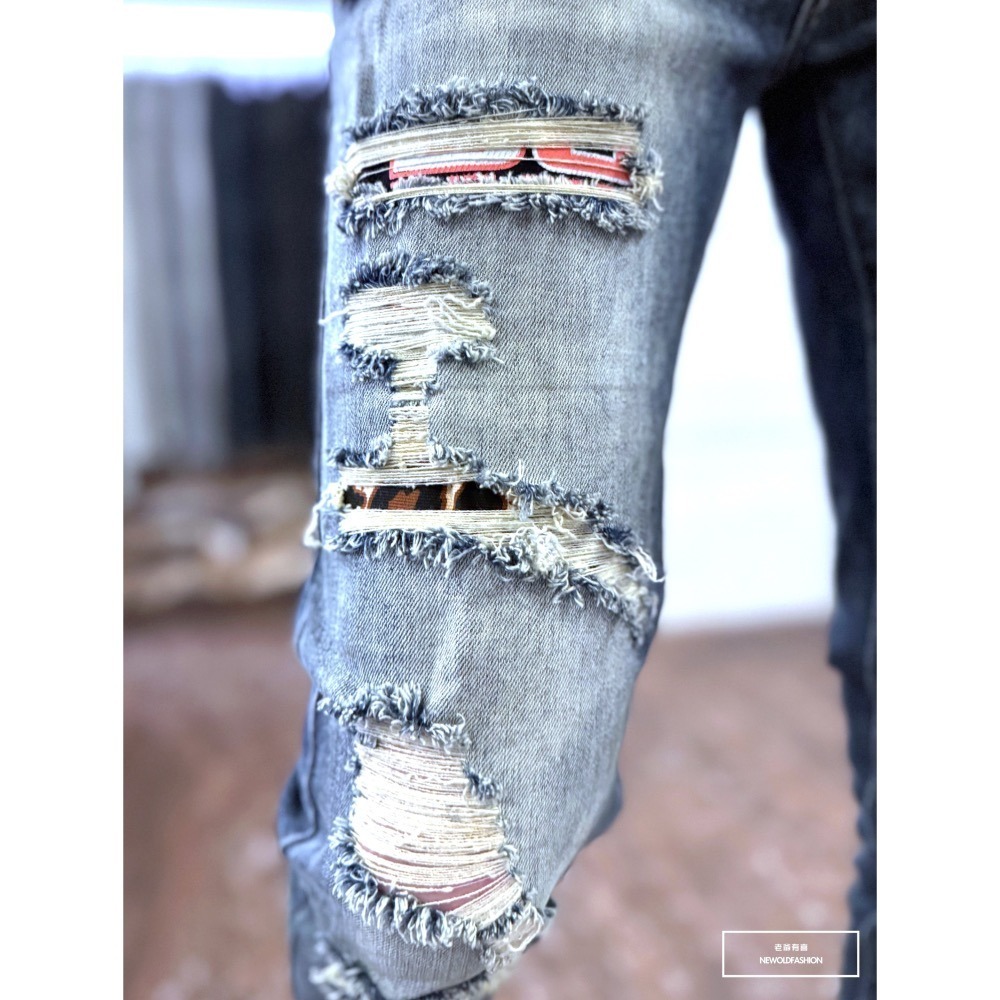 『新品上市』重磅撞色字母豹紋補丁小直筒(NOF24015833)-細節圖2