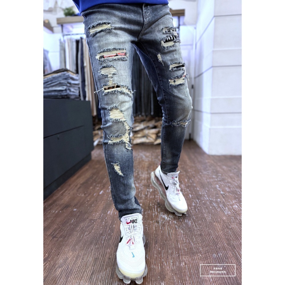 『新品上市』重磅撞色字母豹紋補丁小直筒(NOF24015833)-細節圖3