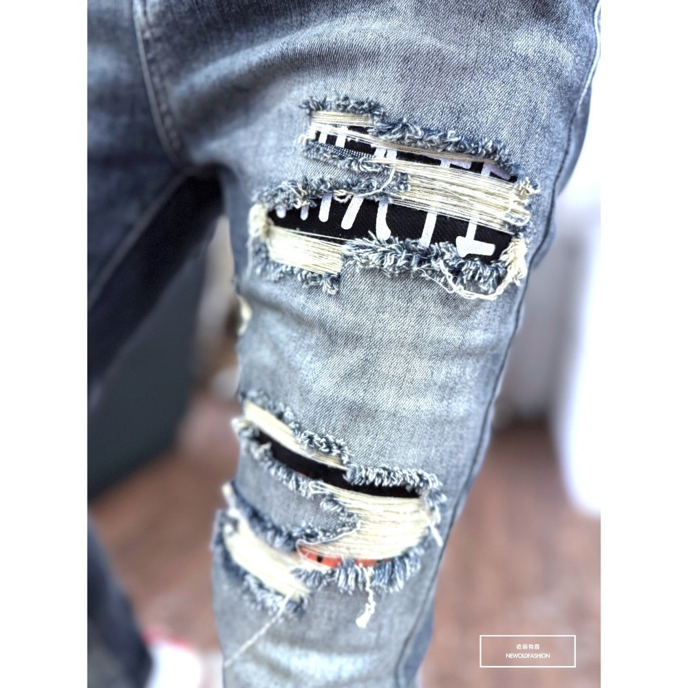 『新品上市』重磅撞色字母豹紋補丁小直筒(NOF24015833)-細節圖4