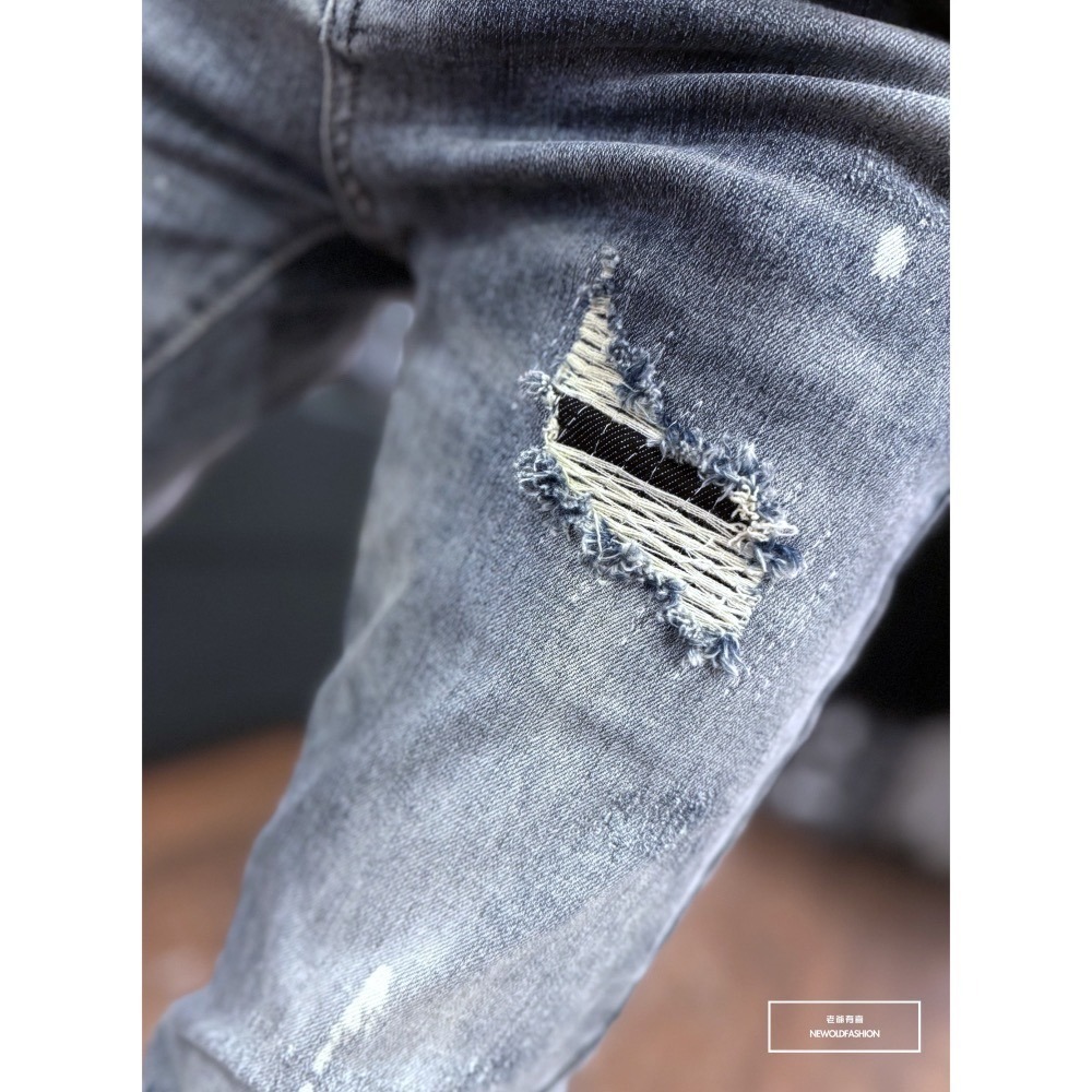 『新品上市』重磅白潑墨車縫補丁小直筒(NOF24015855)-細節圖2