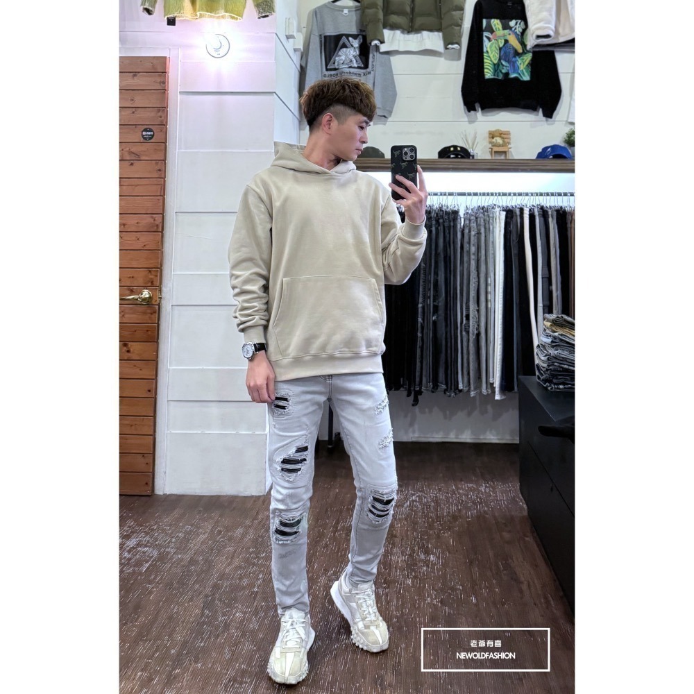 『新品上市』重磅淺灰皮革補丁小直筒(NOF24015850)-細節圖2