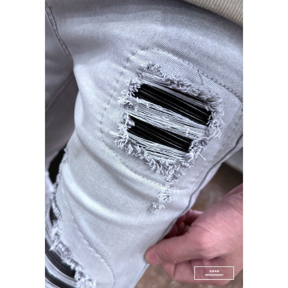 『新品上市』重磅淺灰皮革補丁小直筒(NOF24015850)-細節圖3