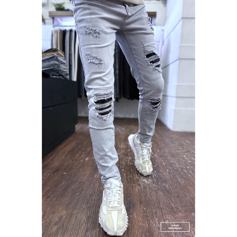 『新品上市』重磅淺灰皮革補丁小直筒(NOF24015850)-細節圖6