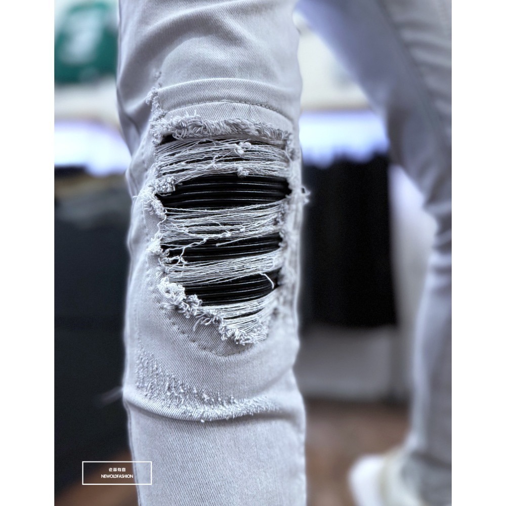 『新品上市』重磅淺灰皮革補丁小直筒(NOF24015850)-細節圖7