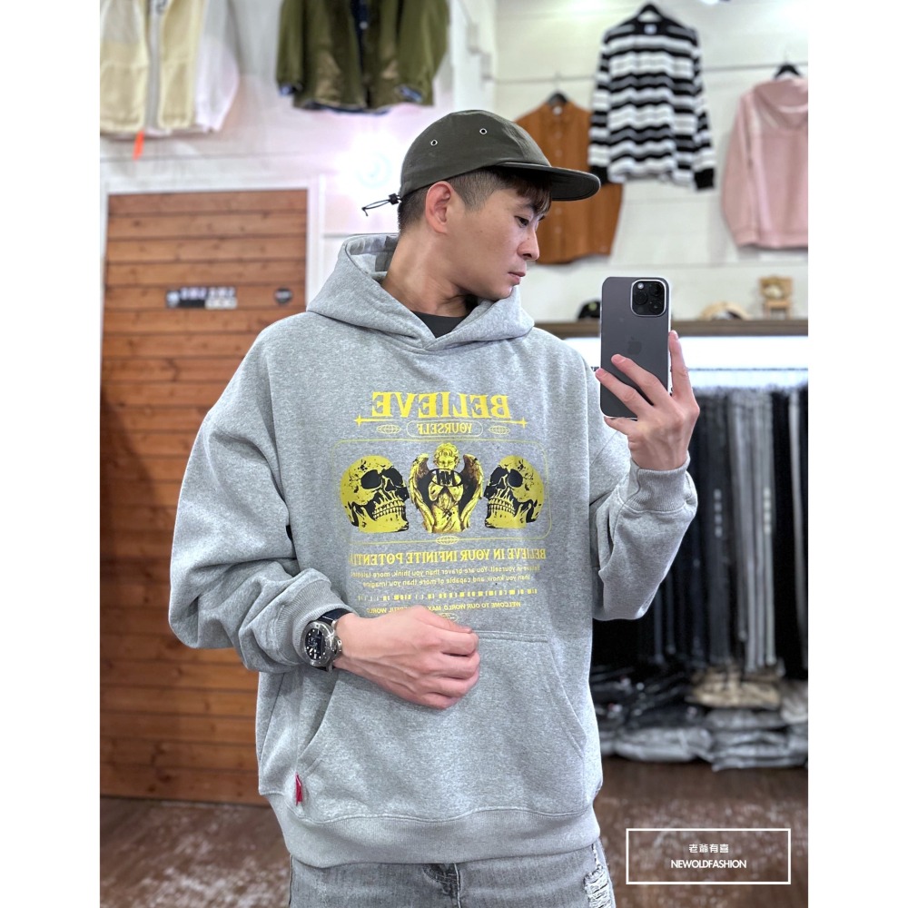 『新品上市』重磅骷髏天使刷毛帽T-淺灰(NOF2311D016)-細節圖2