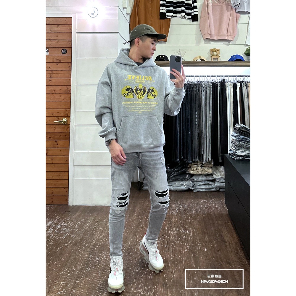 『新品上市』重磅骷髏天使刷毛帽T-淺灰(NOF2311D016)-細節圖3