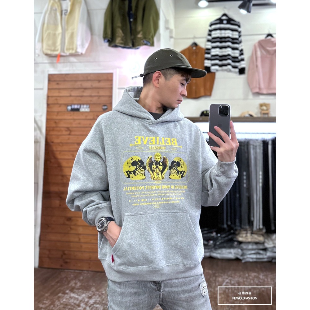 『新品上市』重磅骷髏天使刷毛帽T-淺灰(NOF2311D016)-細節圖4