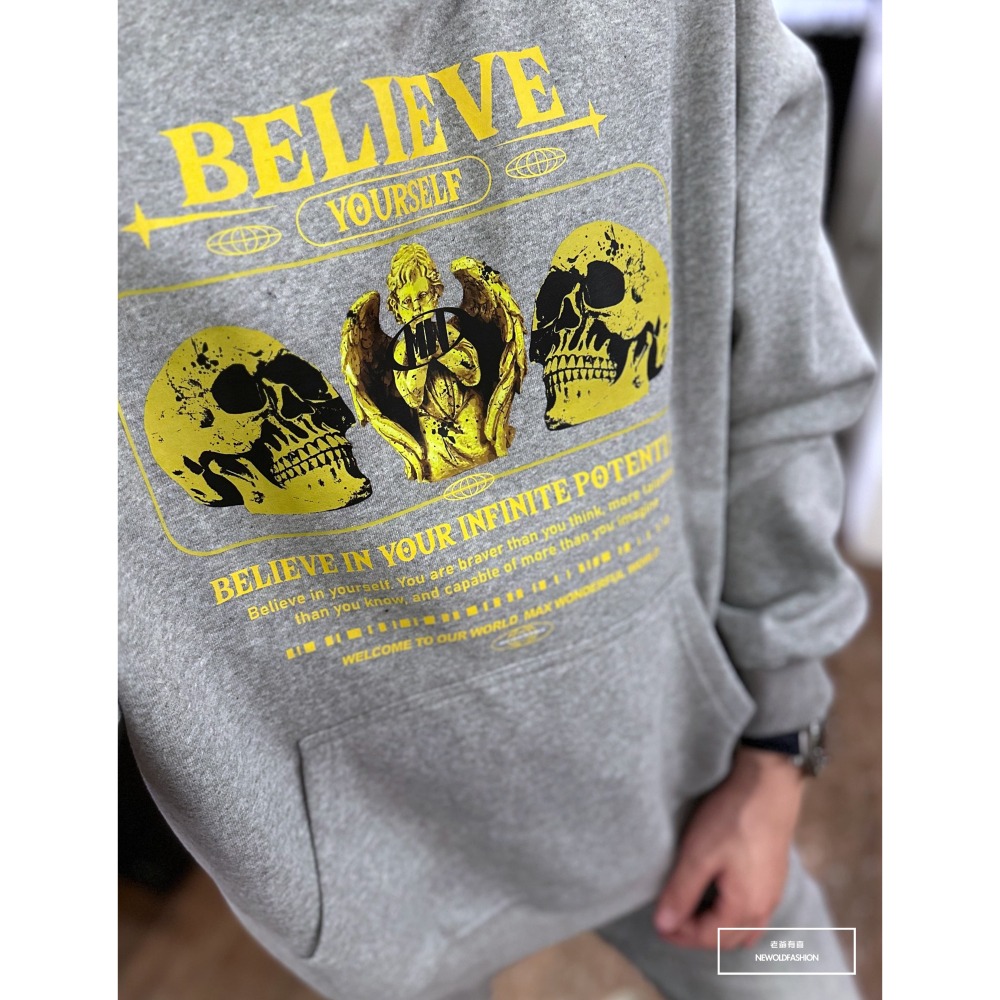 『新品上市』重磅骷髏天使刷毛帽T-淺灰(NOF2311D016)-細節圖6