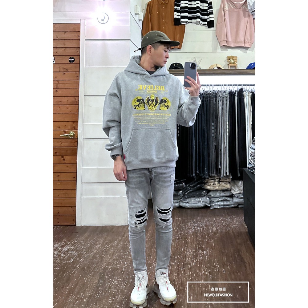 『新品上市』重磅骷髏天使刷毛帽T-淺灰(NOF2311D016)-細節圖7