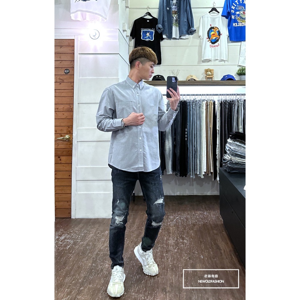 『新品上市』重磅跳色車線口袋襯衫-淺灰(NOF23092311)-細節圖5