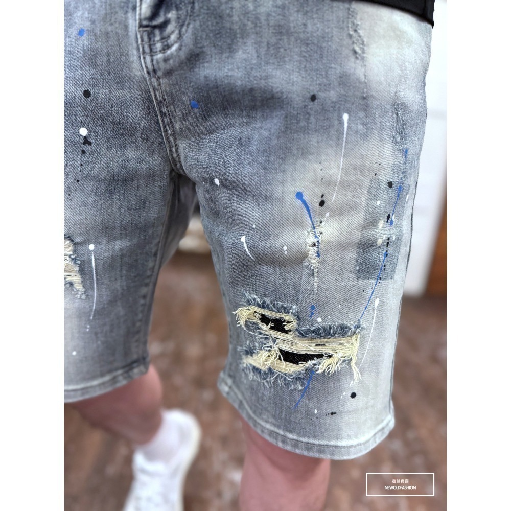 『新品上市』重磅三色潑漆ㄣ補丁牛仔短褲(NOF2403365)-細節圖6