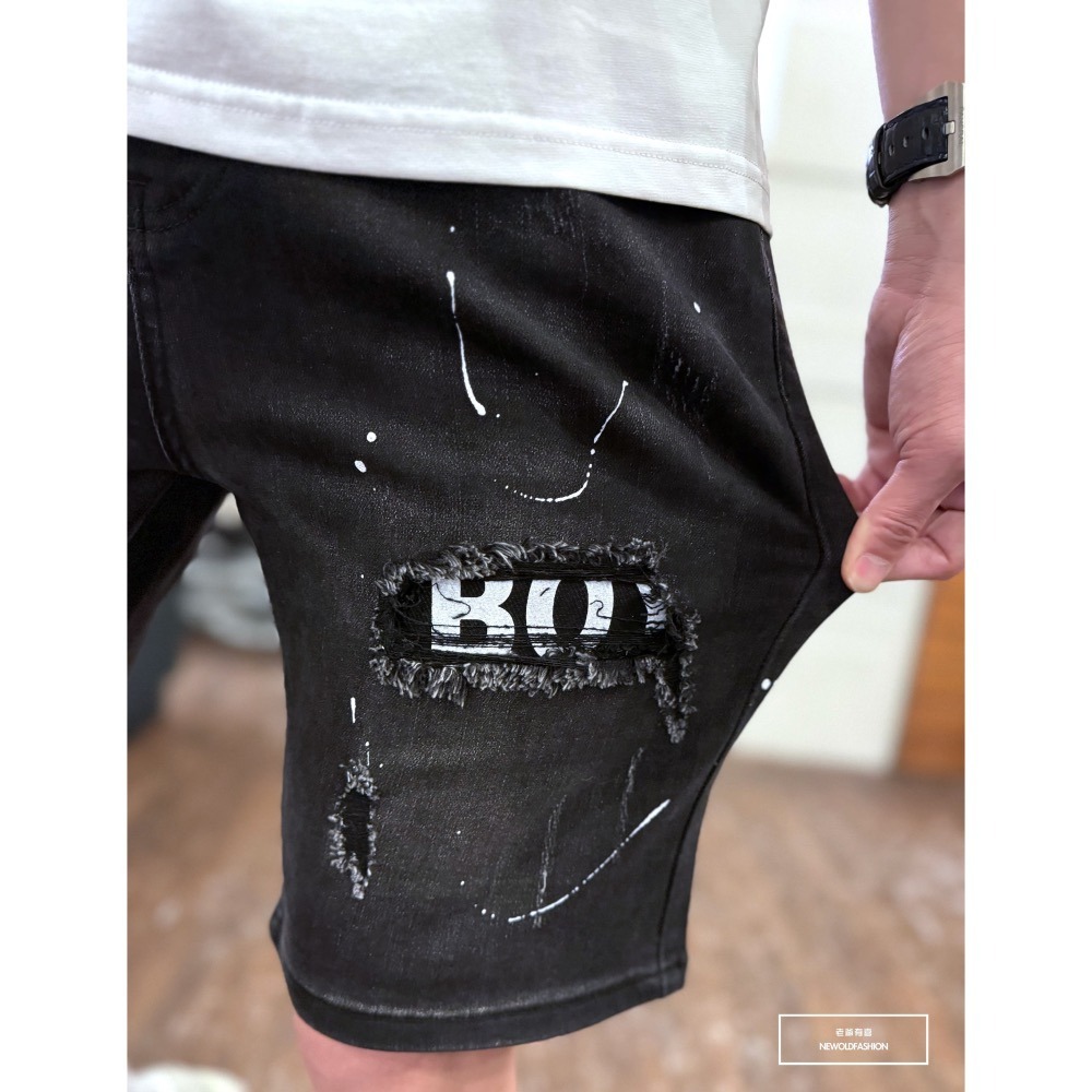 『新品上市』重磅潑漆黑白補丁牛仔短褲(NOF2403360)-細節圖5