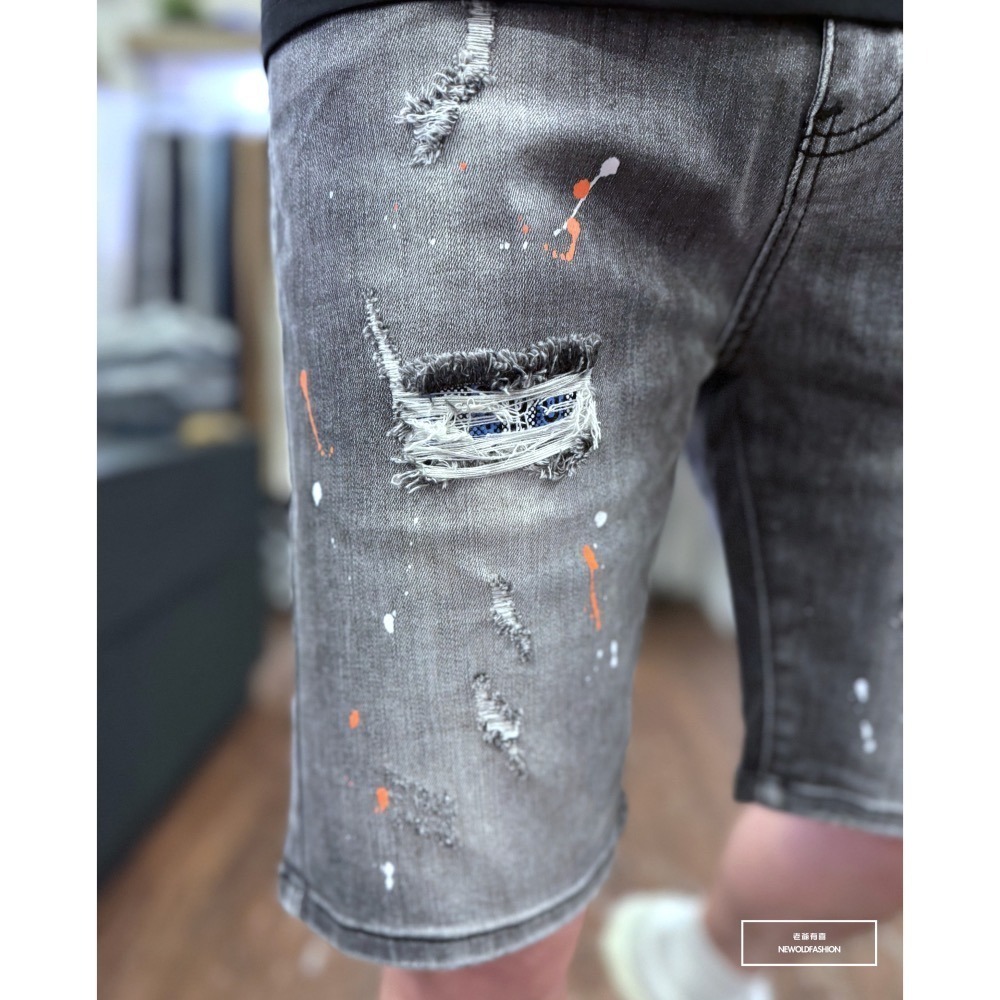 『新品上市』重磅潑漆原點字母牛仔短褲(NOF2403359)-細節圖2
