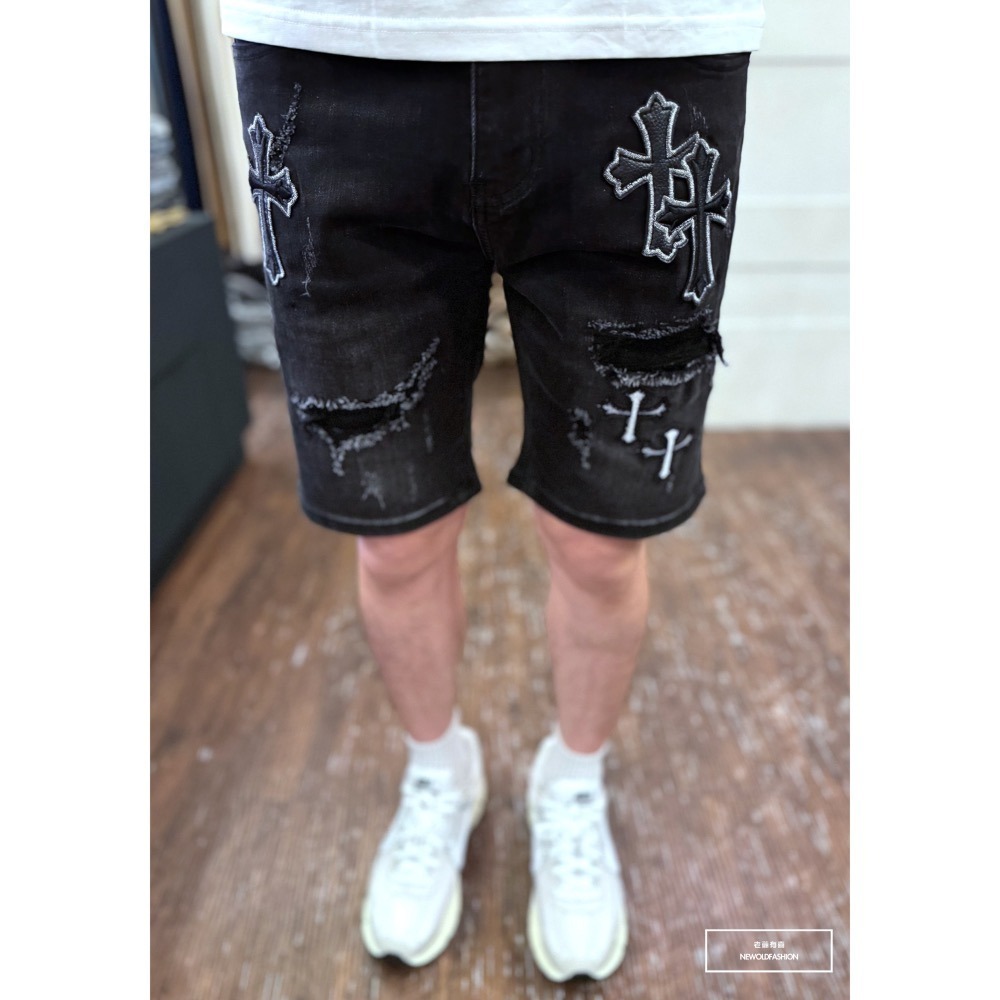 『新品上市』重磅十字拼布破壞牛仔短褲(NOF2403331)-細節圖2