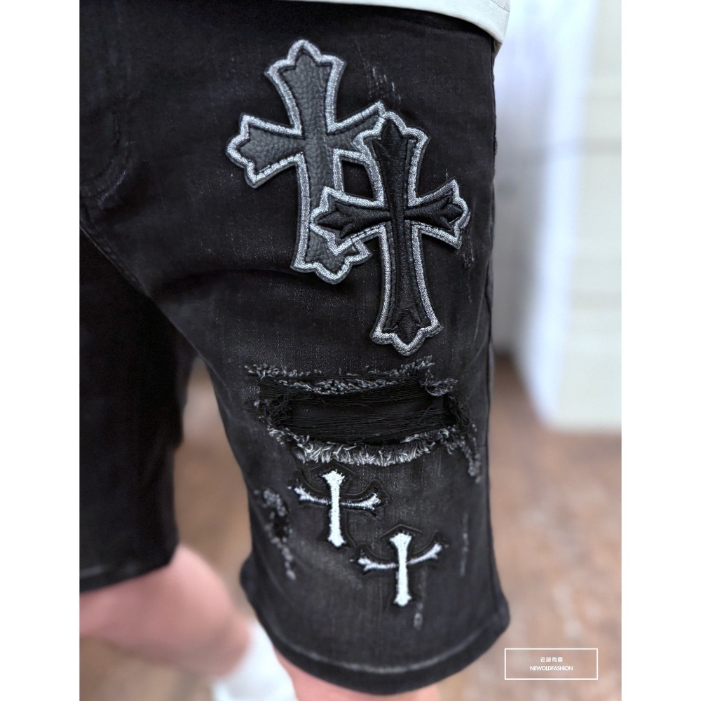 『新品上市』重磅十字拼布破壞牛仔短褲(NOF2403331)-細節圖4