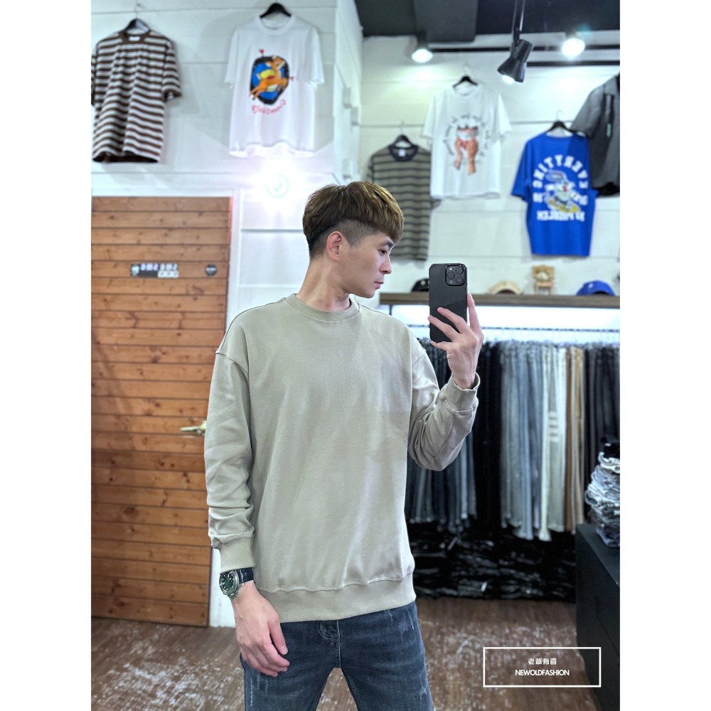 『新品上市』重磅簡約素色圓領大學T-卡其(NOF2309B5510)-細節圖5