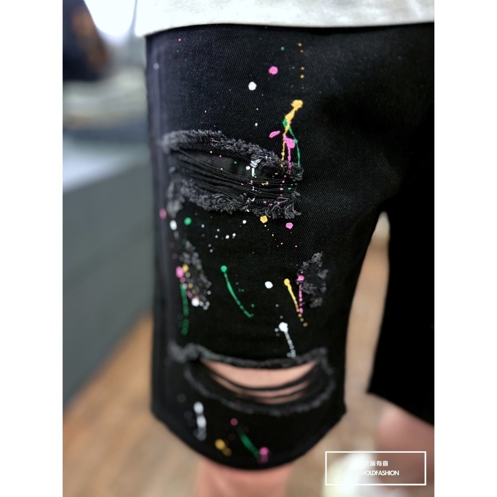 『新品上市』重磅七彩潑墨破壞牛仔短褲(NOF2406369)-細節圖7