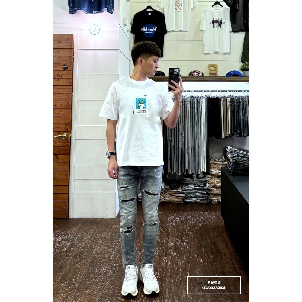 『新品上市』重磅黑皮革補丁破壞小直筒(NOF24065912)-細節圖2